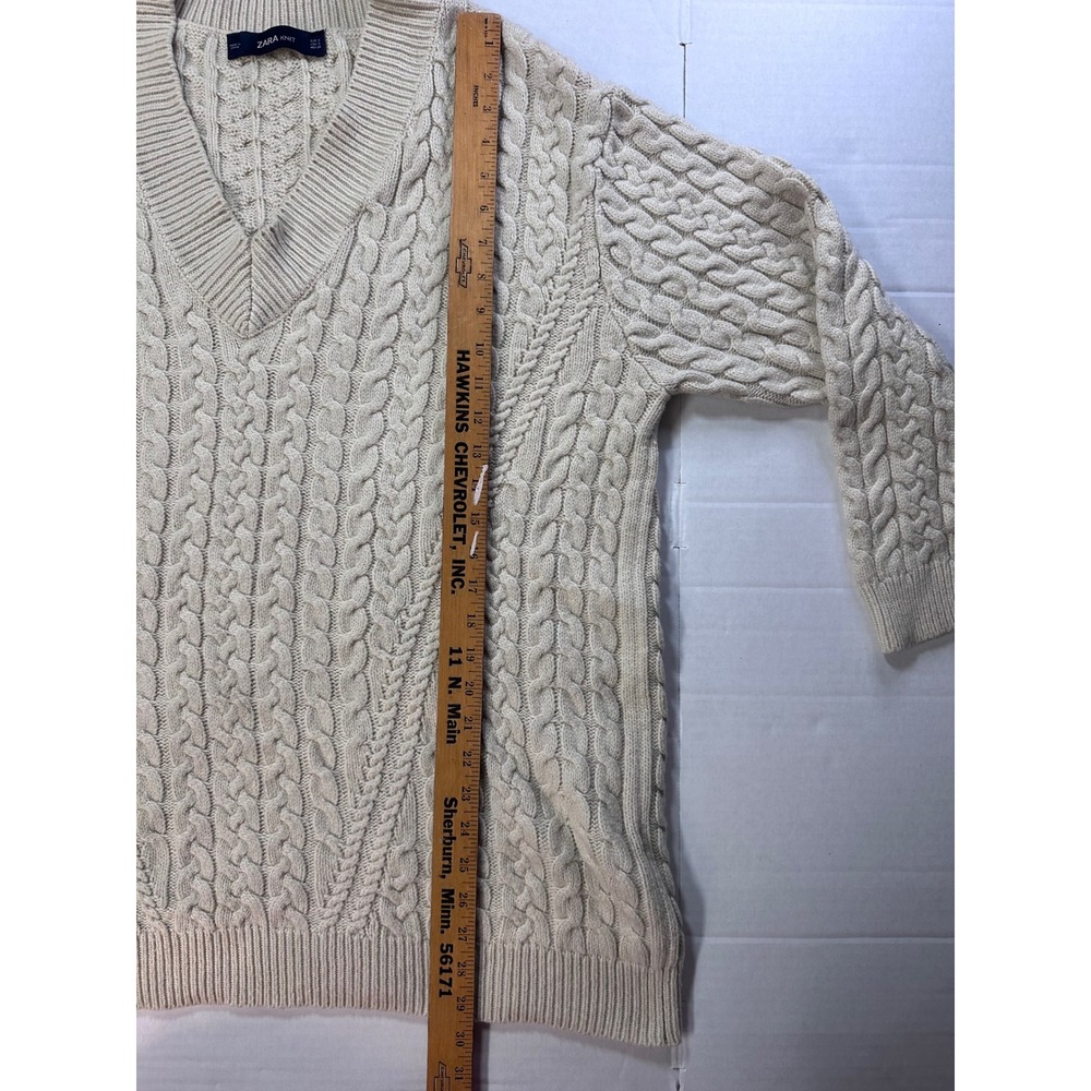 Zara Knit Womens Small Cream Beige Cable Knit V-Neck Oversized Sweater Pullover - Picture 7 of 8